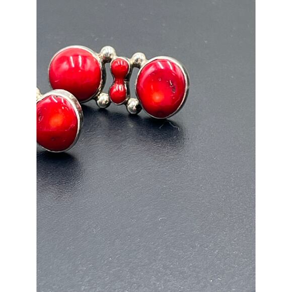 Vintage 950 Mexican Sterling Silver Red Coral Drop Post Earrings Taxco Style - Picture 4 of 11